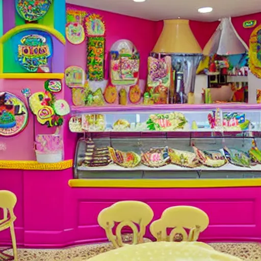 Prompt: a colorful fanciful ice cream parlor counter in the style of arnold lobel