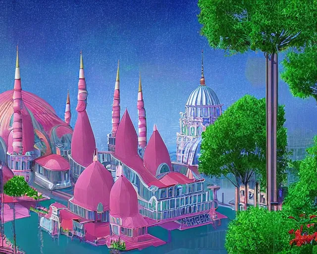 Prompt: turkey! - hungary! khaganate in 2 0 3 3 year, with futuristic! buildings, with pink! and green! trees around buildings, highly detailed digital art