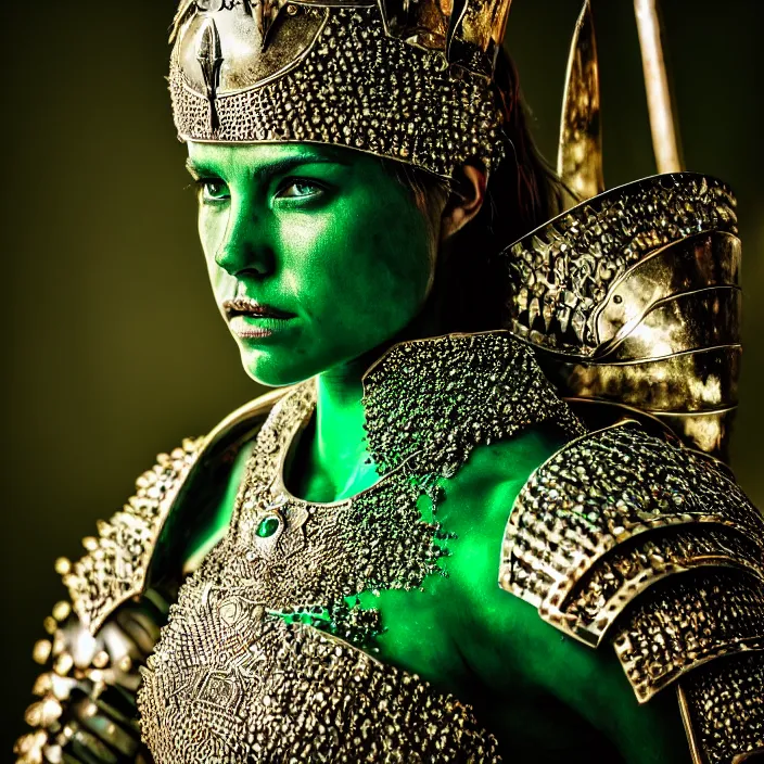 Image similar to photo of a beautiful warrior queen wearing emerald encrusted armour, highly detailed, 4 k, hdr, smooth, sharp focus, high resolution, award - winning photo