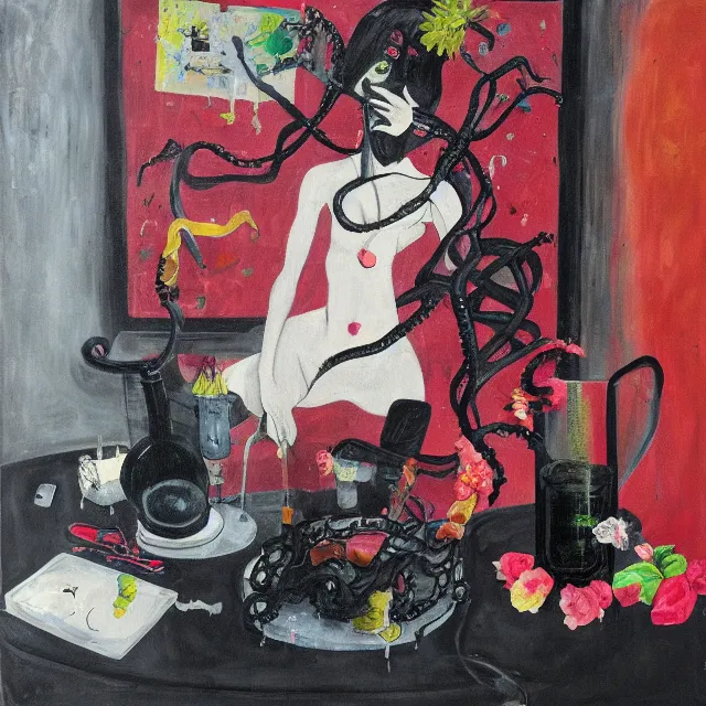 Image similar to empty room with black walls, sensual portrait of a female pathologist, broken vase of flowers and water, octopus, squashed berries, neo - expressionism, surrealism, acrylic and spray paint and oilstick on canvas