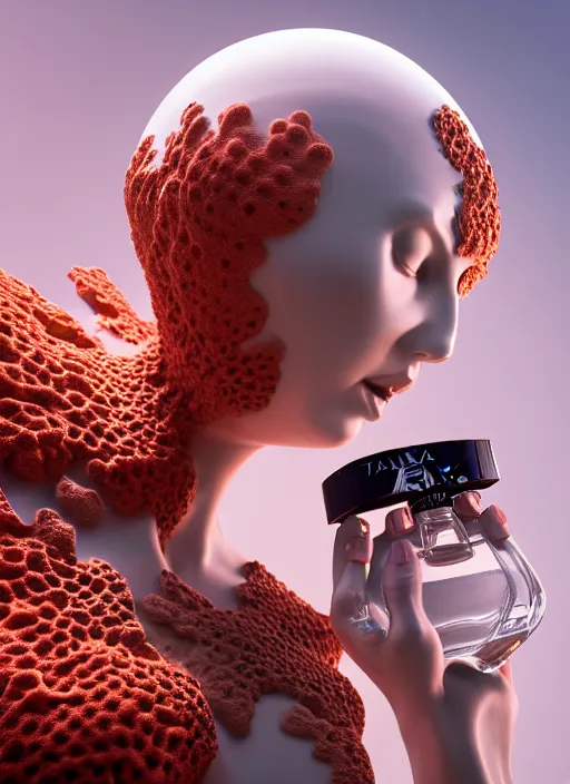 Image similar to biomechanical corals, daisies, well contoured smooth fair walls with marble woman carrying a bottle of perfume, up close shot, sharp focus, global illumination, radiant light, alexandre ferra white mecha, irakli nadar, octane highly render, 4 k, ultra hd,