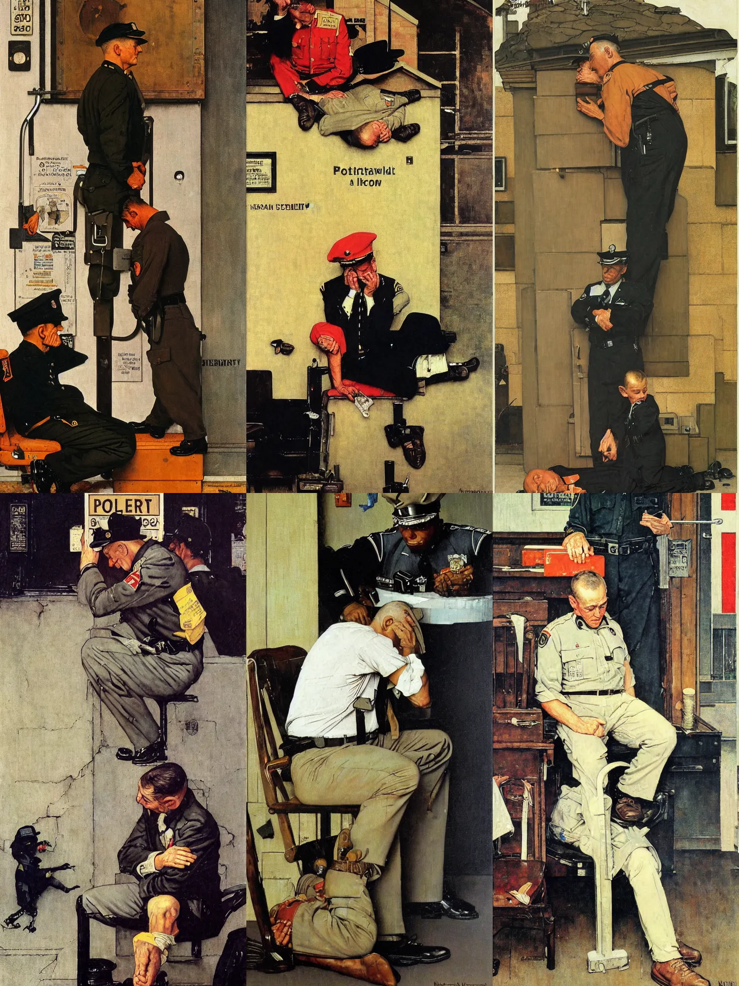 Prompt: a security guard falling asleep at his post, painting by Norman Rockwell