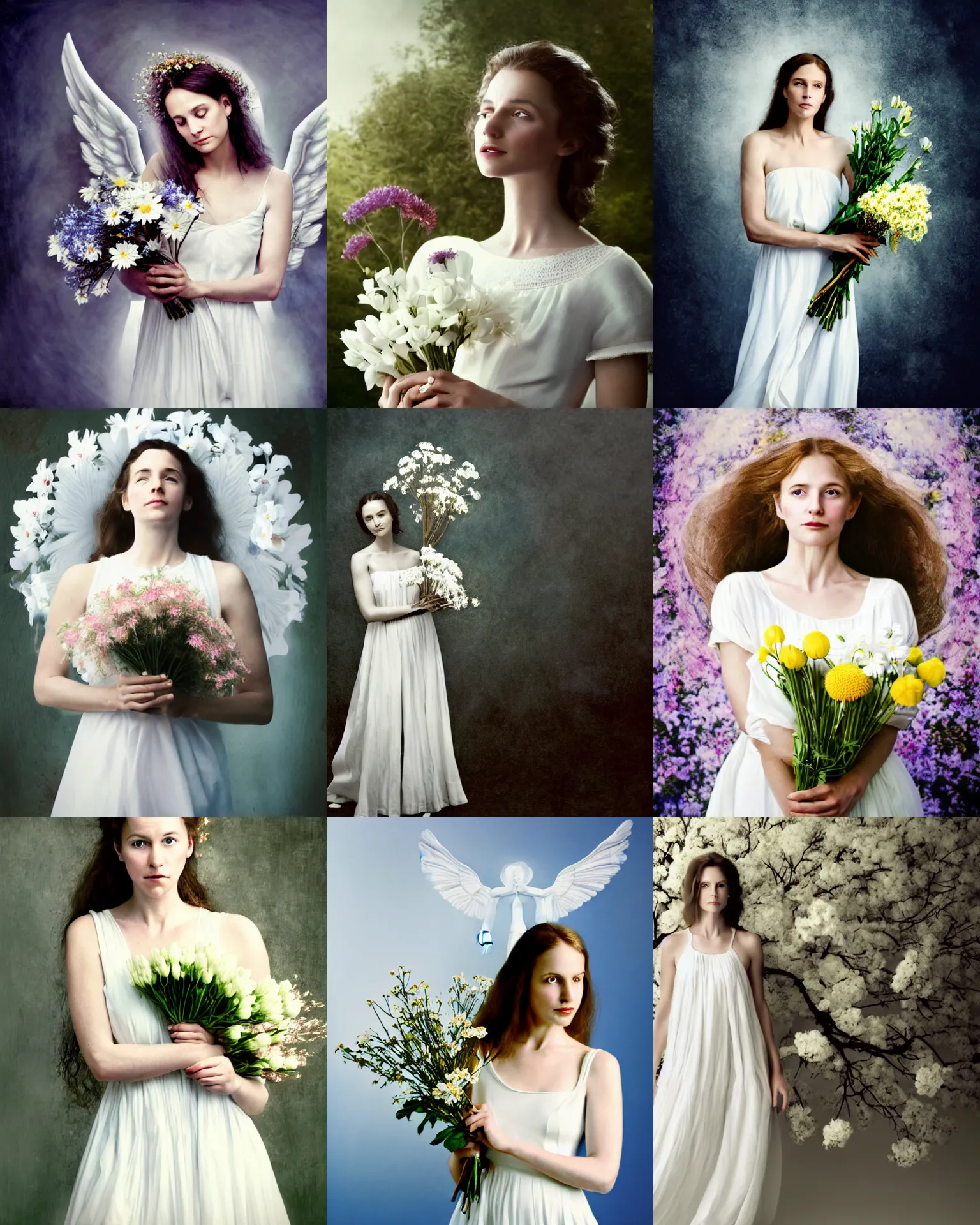 Prompt: a woman in a white dress holding a bouquet of flowers, a portrait by annie leibovitz, shutterstock contest winner, magical realism, movie still, angelic photograph, movie poster