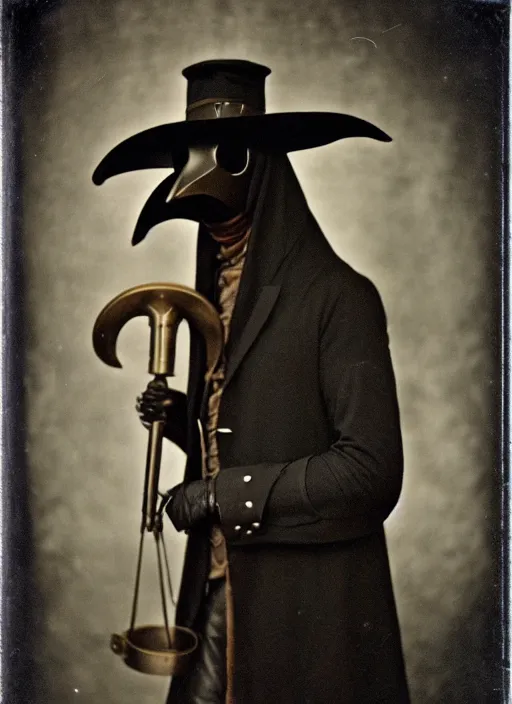 Image similar to 1910s photograph of a futuristic plague doctor in Steampunk leather high fashion Gothic bespoke couture storybook wide shot taken on A poloroid photograph from a large format camera Daguerreotype from the year 3020 in Kodachrome