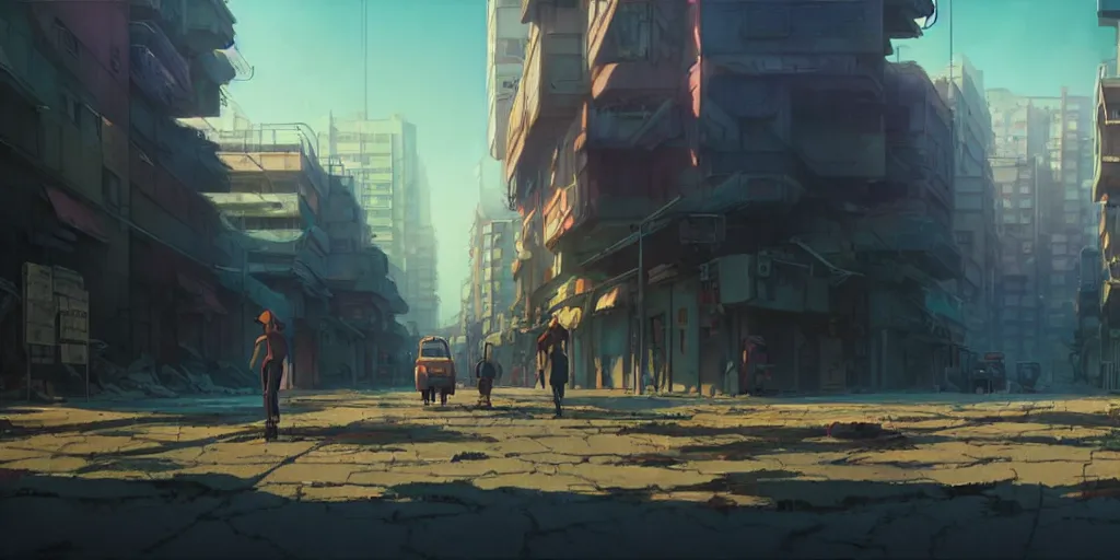 Prompt: a wholesome animation key shot of a post apocalyptic 8 0's urban populated lanscape by studio ghibli, animation, sharp, rendered in unreal engine 5, focused, anime key art by greg rutkowski, bloom, dramatic lighting