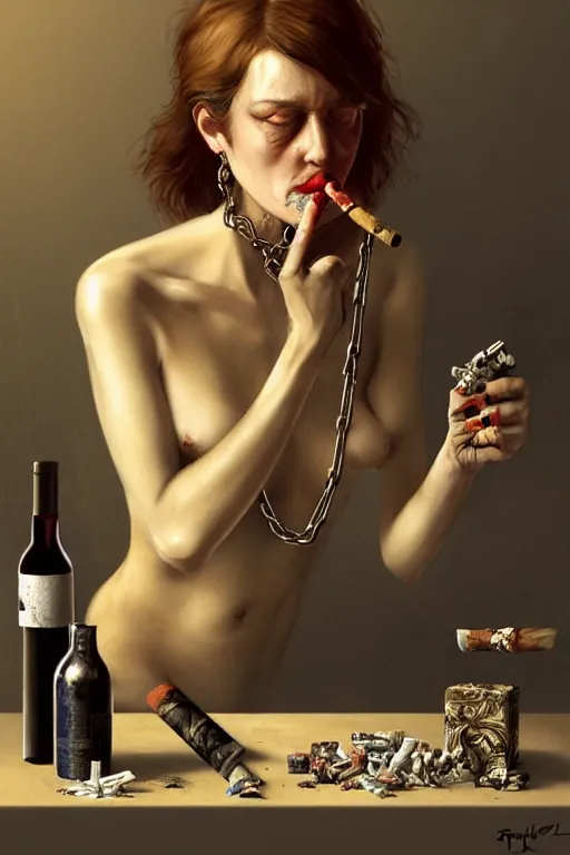 Prompt: dirty faced and very tired womanlooking pile smoking a winebottle, drugs, cigarrette boxes at the table, fantasy, intricate, elegant, highly detailed, digital painting, artstation, concept art, addiction, chains, smooth, sharp focus, illustration, art by Ilja Repin