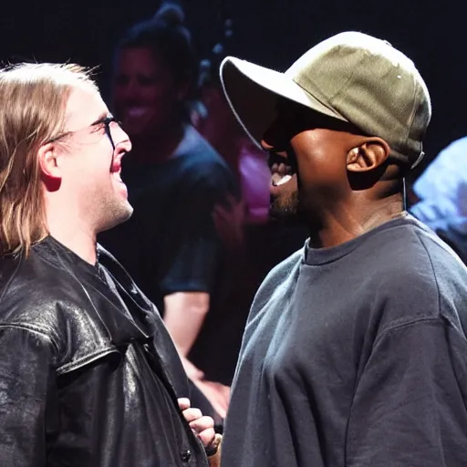 Image similar to Kanye East telling Kanye West jokes, both laughing and having a good time