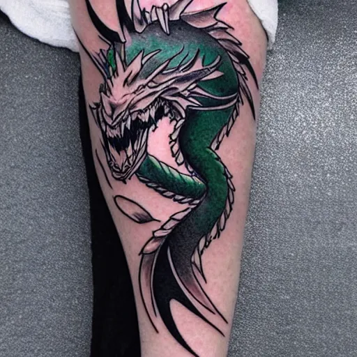 Image similar to simple anime manga full color dragon!! Emerald and obsidian dragon, forearm tattoo, tattoo