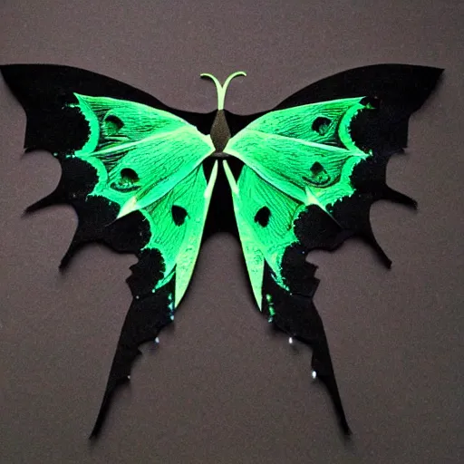 Image similar to black paper luna moth, cut paper, many layers and intricate details