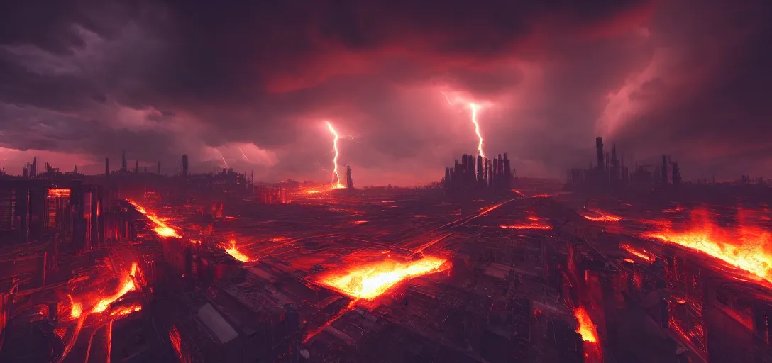 Prompt: dramatic view of empty cyberpunk underground foundry, giant burning fire pillars, chimney stacks spitting out fire and smoke, glowing ominous clouds, lightning, unreal engine, dramatic lighting, detailed, ambient occlusion, global illumination, god rays, 3 d artstation render by greg rutowski and jessica rossier