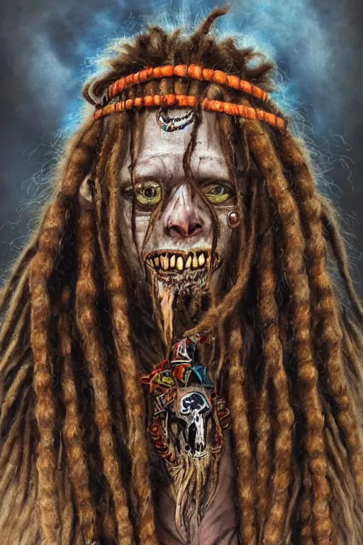 Image similar to a photorealistic of horror shaman with dreadlocks in sacrament of death and destruction