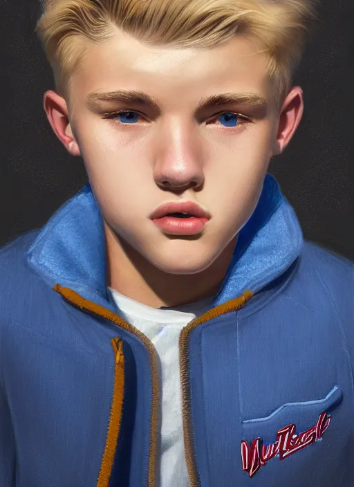 Image similar to portrait of a teenage boy named moose mason, blonde short hair, jock, beefy, square jaw, square facial structure, 1 9 5 0 s, blue varsity jacket, intricate, elegant, glowing lights, highly detailed, digital painting, artstation, concept art, smooth, sharp focus, illustration, art by wlop, mars ravelo and greg rutkowski