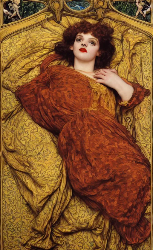 Image similar to preraphaelite full body reclining portrait photography masterpiece hybrid of judy garland and florence welch, foreshortening, brown hair fringe, yellow ochre ornate medieval dress, kilian eng and william holman hunt, frederic leighton, ford madox brown, william morris, framed, 4 k