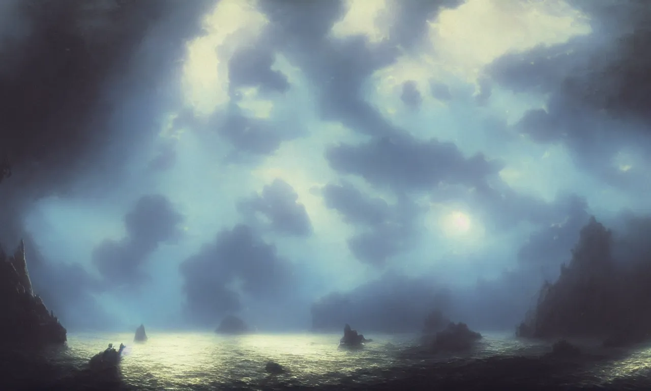 Prompt: Underwater view of being submerged in an alien world in an azure ocean, by John Harris, Federico Pelat, Ivan Aivazovsky, Matte Painting, 4k,