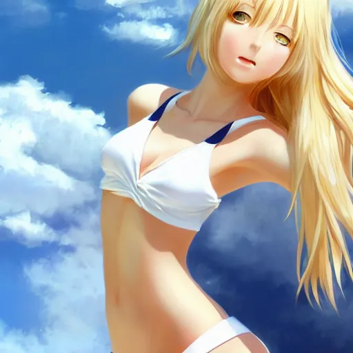Prompt: picture : a beautiful young blond anime girl, sky blue eyes, bikini, white miniskirt, highly detailed, cinematic wallpaper by stanley artgerm lau
