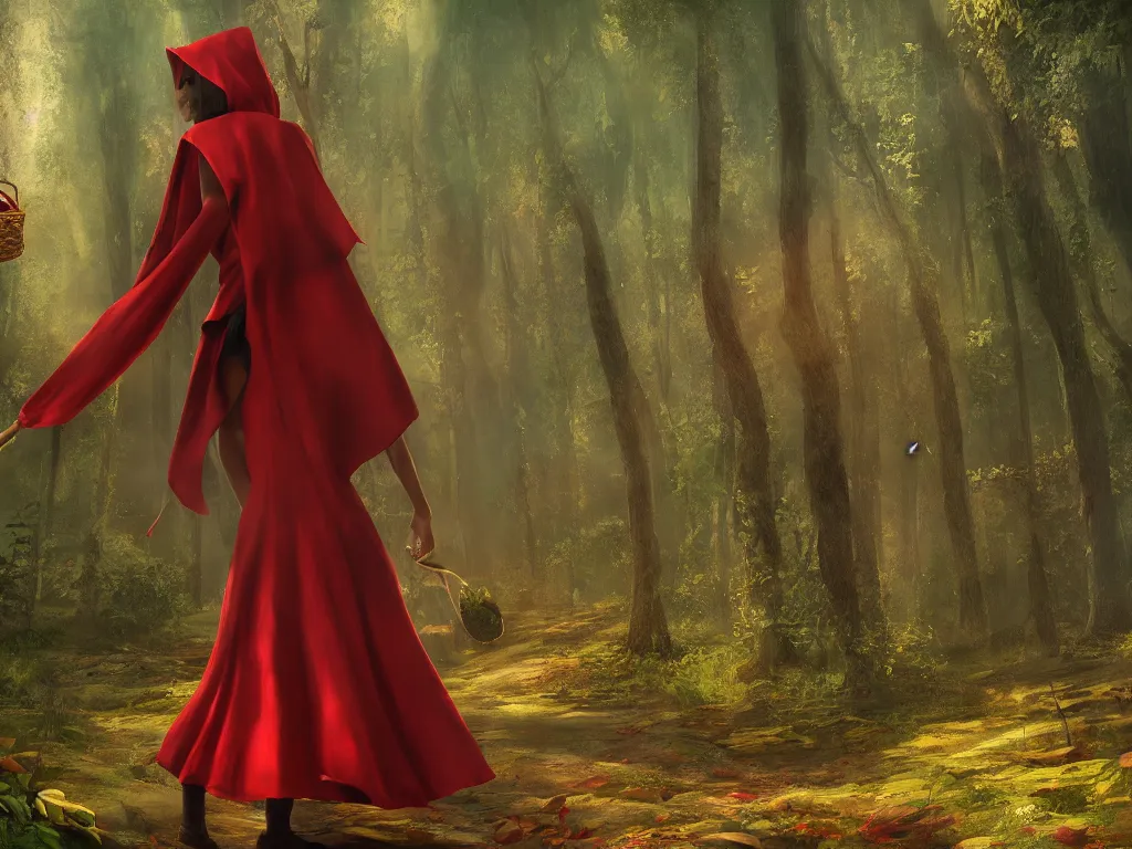 Prompt: highly detailed vibrant matte painting of little red riding hood walking through the forest, carrying basket in her hand, artstation, detailed forest, smooth 4K