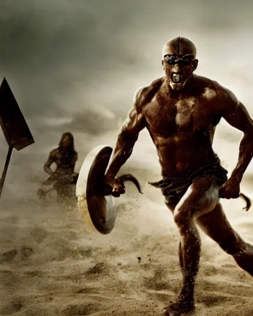 Image similar to spartan warrior sprinting on beach, epic award winning action cinematic still from the movie 3 0 0, muscles,