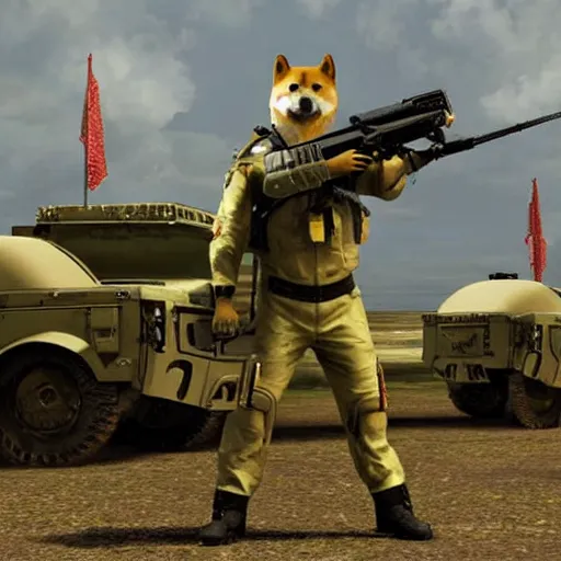 Image similar to anthropomorphic shiba inu, wearing s. t. a. l. k. e. r. freedom exoskeleton without helmet, with rifle in hands, standing near himars, still