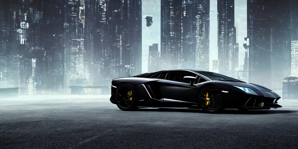 Image similar to black color of a lamborghini aventador in cyberpunk stealth design, unreal 5 hyperrealistic realistic photorealistic dynamic lighting highly detailed cinematic landscape