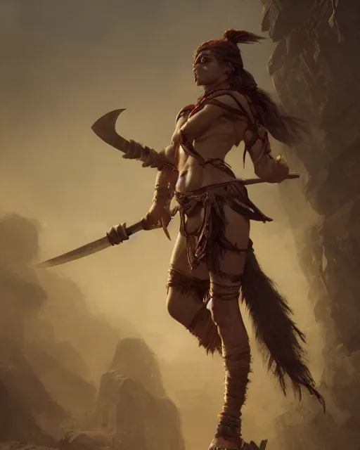 Prompt: hyper realistic photo of barbarian warrior girl, full body, cinematic, artstation, cgsociety, greg rutkowski, james gurney, mignola, craig mullins, brom