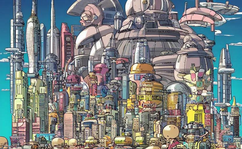 Image similar to sci fi city in style of akira toriyama and moebius