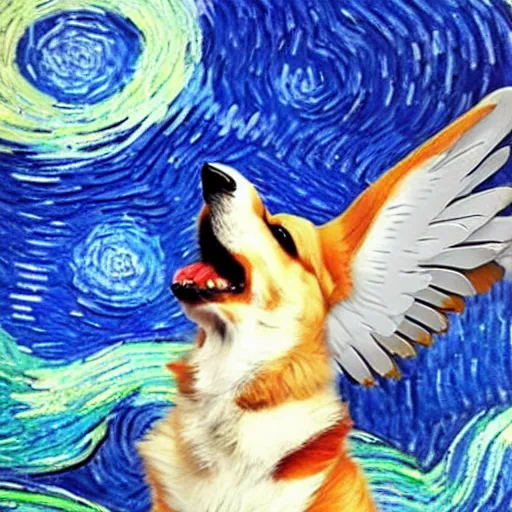 Prompt: corgi with [ angelic wings ]!!, [ flying like a superhero ]!! in the [ night sky ]!! where the stars are visibly perceptible, [ realistic photo ]!!, [ illustrated by vincent van gogh ]!!, trending on artstation
