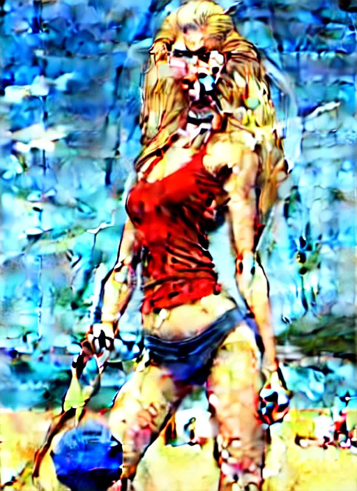 Image similar to , a gorgeous hulking beast of a woman with very long hip-length blonde hair, happy sunny day, wearing a cut-off white top and red dirt cut-off shorts standing by the water, beach tennis, modern architecture, in the style of artgerm and moebius and annie liebovitz, marvel comics, photorealistic, highly detailed, trending on artstation, Gediminas Pranckevicius