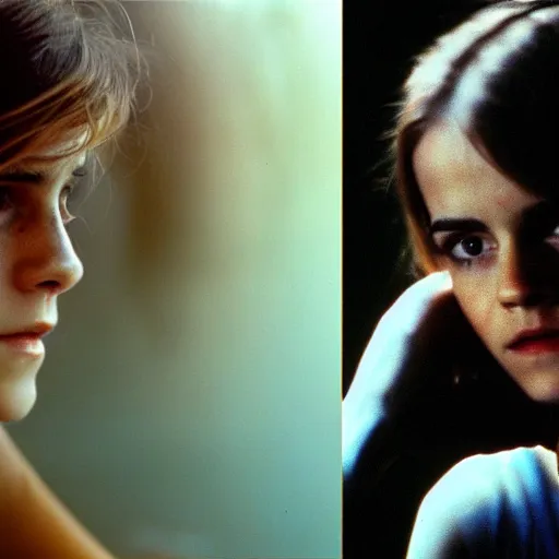 Image similar to film still, extreme far view, emma watson vietnam door gunner, film still from apocalypse now ( 1 9 7 9 ), 2 6 mm, kodak ektachrome, blue tint expired film,