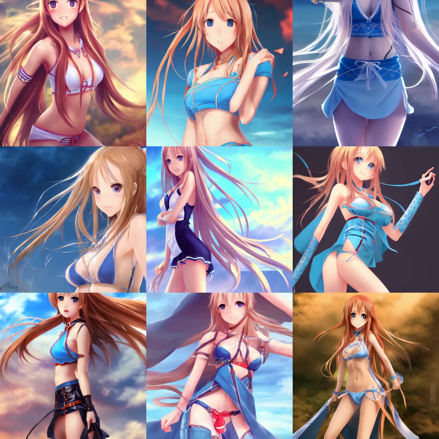 Prompt: gorgeous young yuuki asuna, full body, long wavy blond hair, sky blue eyes, full round face,, bikini, miniskirt, front view, mid - shot, highly detailed, cinematic wallpaper by stanley artgerm lau