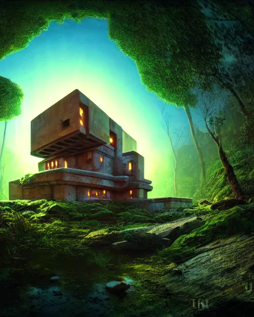 Prompt: a beautiful photorealistic rendering of abandoned blockhouse by frank lloyd wright, laser landscape fisheye sci - fi tron fantasy uv light junglepunk sunset universe magic realism cosmic rainforest evil sea darkacademia extraterrestial, archdaily, wallpaper, highly detailed, trending on artstation.