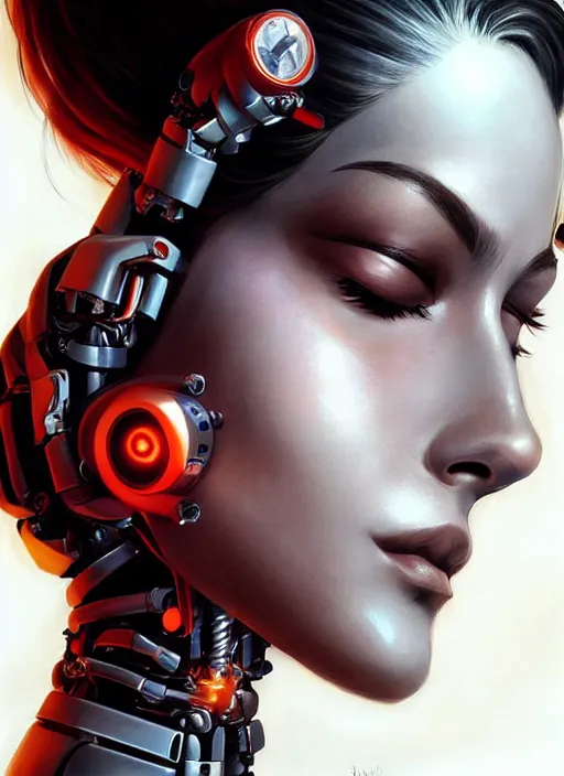 Image similar to portrait of a cyborg woman who turns her head to the ((((((right))))) left+4 (((((up))))) (((((down))))) by Artgerm,eyes closed , biomechanical, hyper detailled, trending on artstation