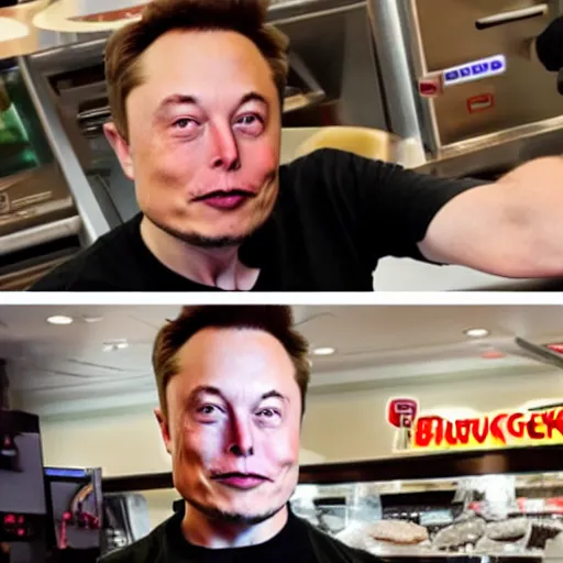 Prompt: elon musk working at burger king, elon musk working the register at a fast food restaurant