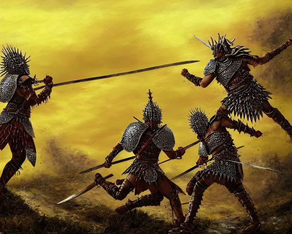 Prompt: A fantasy battle between two warriors among the hills. The first warrior is dressed in detailed elaborate spiked armor. The second warrior is dressed in sparse berserk armor without a helmet. A yellow sky is visible. Puddles and splashes of blood, severed limbs, anger on faces. Extremely high detail, realistic, medieval fantasy art, masterpiece, art by Zdzisław Beksiński, Boris Vallejo, Arthur Rackham