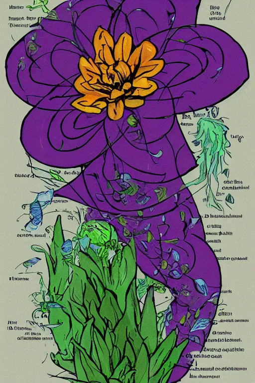 Prompt: artwork of a flower petals tempest by walt disney, infographic, textbook, marginalia, cursed, alien, plant specimens, hortorium, scientific study