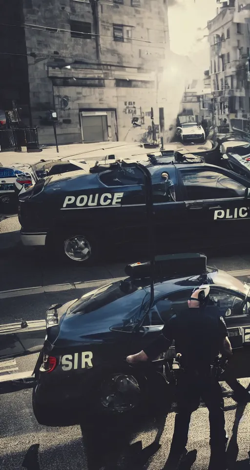 Prompt: man getting arrested by police, police car in background with bright police sirens, lens glare, dramatic lighting, cinematic, establishing shot, extremely high detail, photo - realistic, cinematic lighting