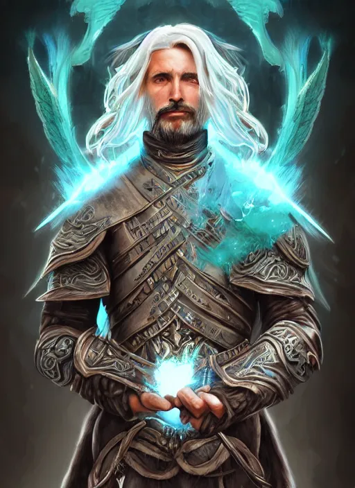 Image similar to An epic fantastic realism comic book style portrait painting of an aasimar hexblade warlock, teal energy, male, grand angel wings, silver hair, short beard, embers falling D&D Concept Art, unreal 5, DAZ, hyperrealistic, octane render, cosplay, RPG portrait, dynamic lighting