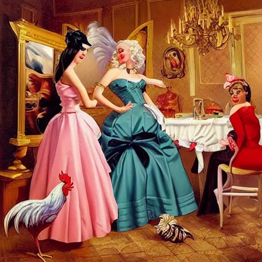 Prompt: women dressed in pin up style speaks to the rooster by greg hildebrandt fancy rococo baroque regal oil painting high quality award winning clothed in fancy garb