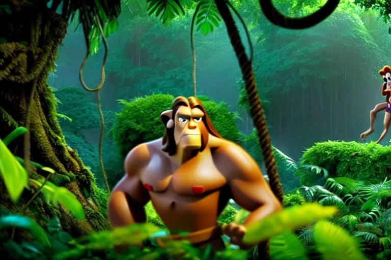 Image similar to cartoon tarzan in the jungle, screenshot in a typical pixar movie, disney infinity 3 star wars style, volumetric lighting, subsurface scattering, photorealistic, octane render, josh black