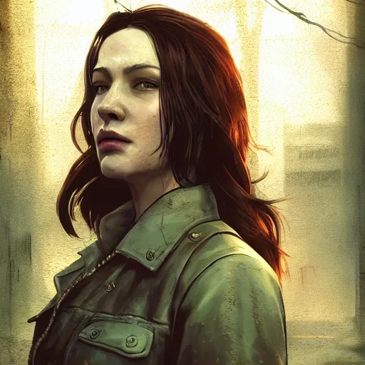 Prompt: fallout 5, charismatic beautiful rugged brunette female protagonist, portrait, outdoors ruined cityscape, atmospheric lighting, painted, intricate, volumetric lighting, beautiful, daytime, sunny weather, slight overcast, sharp focus, deep colours, ultra detailed, by leesha hannigan, ross tran, thierry doizon, kai carpenter, ignacio fernandez rios