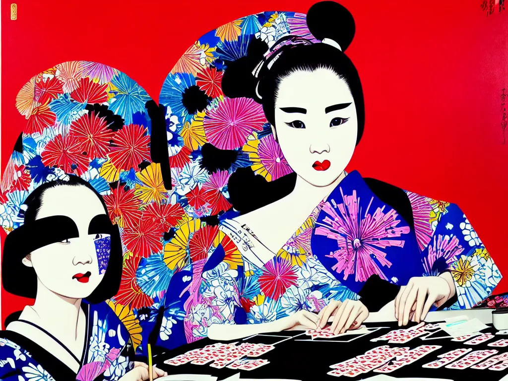 Image similar to hyperrealistic composition of the detailed woman in a japanese kimono sitting at a extremely detailed poker table with detailed darth vader, fireworks, mount fuji on the background, pop - art style, jacky tsai style, andy warhol style, acrylic on canvas