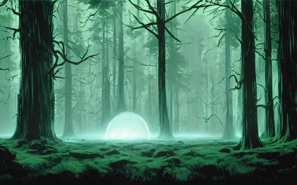 Prompt: sci-fi scene of a giant hand hologram floating in the middle of a dark forest, atmospheric, mysterious, mist, high detail, concept art by syd mead and roger deakins