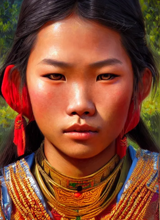 Image similar to portrait of a beautiful teen tai ethnic north thailand, closeup portrait, historical, ethnic group, traditional costume, elegant, loin cloth, highly detailed, oil painting, artstation, concept art, matte, sharp focus, illustration, hearthstone, art by earl norem