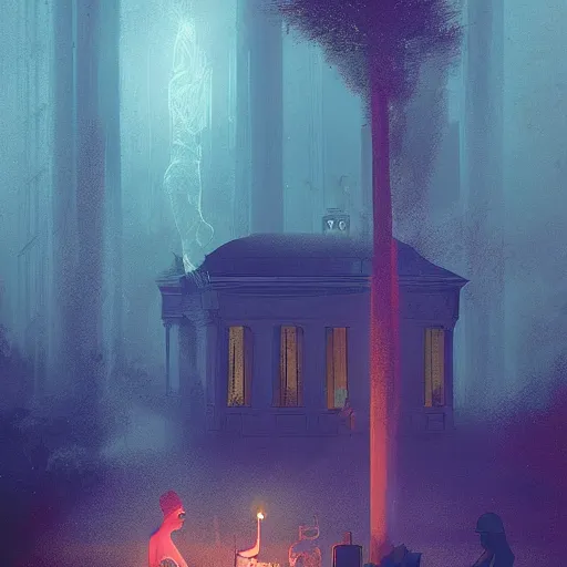 Image similar to The dinner with all the dead people I knew, By Delphin Anjolras, by Ismail Inceoglu, by Emiliano Ponzi, ghosts