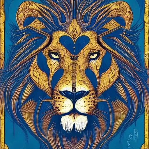 Image similar to realistic detailed lion, zodiac leo by dan mumford, Art Nouveau, Neo-Gothic, Surreality, gothic, rich deep moody colors