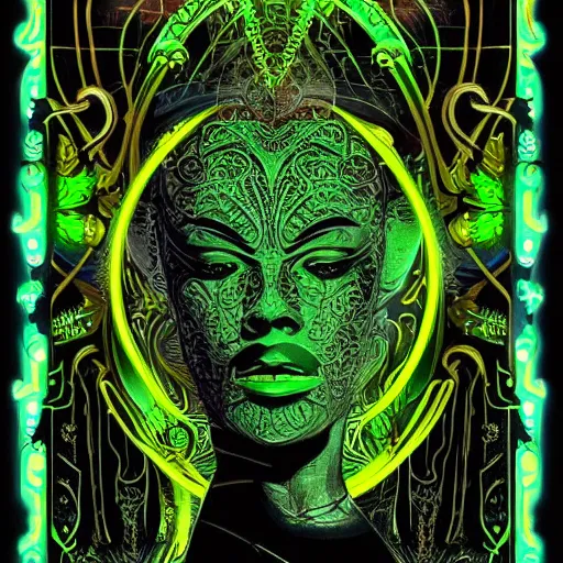 Image similar to Seven of Nine the Borg from star trek, art nouveau, amazing details, intricate details, beautiful ,insane details , tarot card, black paper, neon green, fractal system circuit , in the style of Alphonse Mucha,