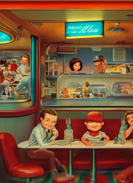 Image similar to highly detailed wide - angle portrait of a retro 1 9 6 0 s diner, nicoletta ceccoli, mark ryden, lostfish, earl nore, hyung tae, frank frazetta, global illumination, god rays, detailed and intricate environment