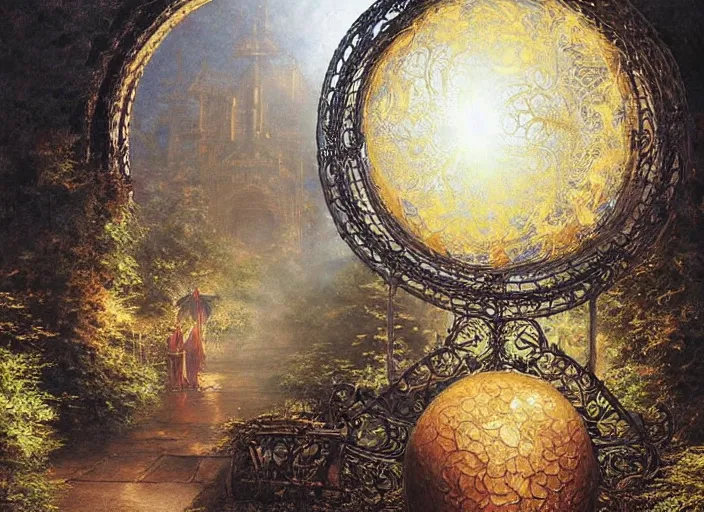 Image similar to large rustic intricately decorated cast iron gate, a view to an eerie fantasy world, golden glowing sphere, ethereal back light, mist, coherent composition, detailed fantasy painting by noriyoshi ohrai, yuumei