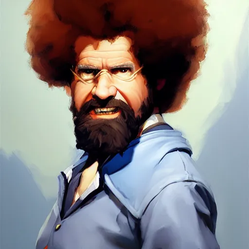 Image similar to Greg Manchess portrait painting of Bob Ross as Overwatch character, medium shot, asymmetrical, profile picture, Organic Painting, sunny day, Matte Painting, bold shapes, hard edges, street art, trending on artstation, by Huang Guangjian and Gil Elvgren and Sachin Teng