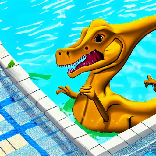 Image similar to a dinosaur is drowning in the pool