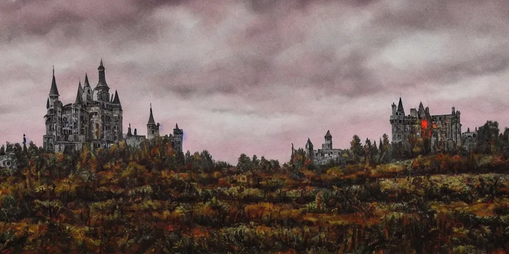 Image similar to a beautiful and gothic castle in the distance. Red sky. Dark ambient. Gothicpunk. Detailed oil on canvas. Art in style of Frances Ann Hopkins. High definition